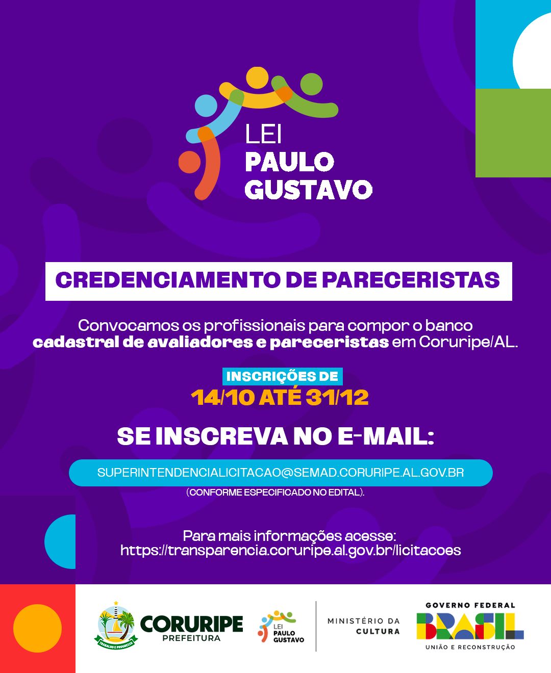Prefeitura de Coruripe abre edital de credenciamento e convocação de profissionais pareceristas para compor o banco cadastral da Lei Paulo Gustavo