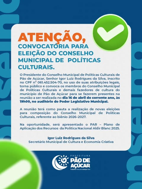 Convocatória – Conselho Municipal de Políticas Culturais