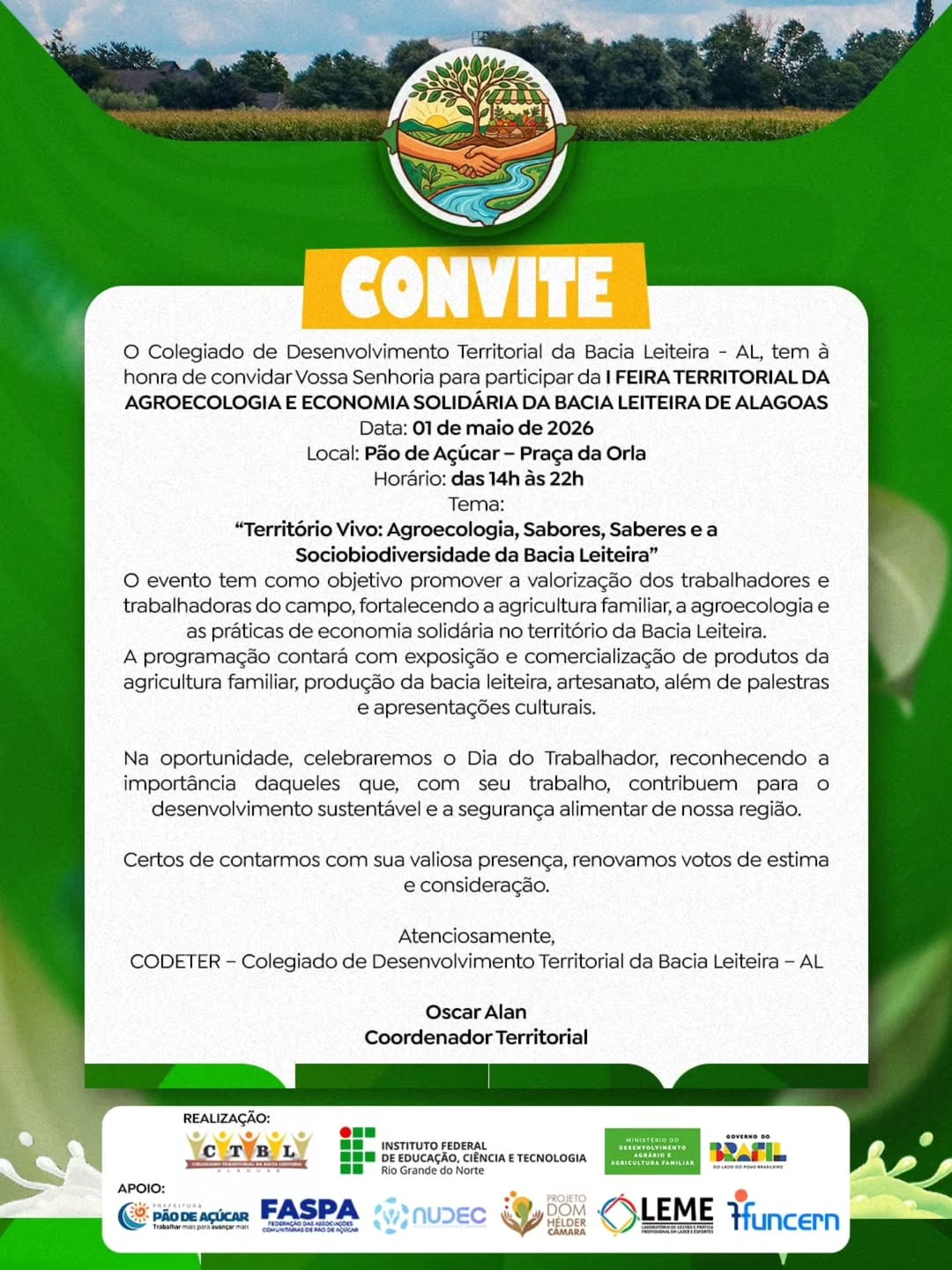 Pão de Açúcar sediará a I Feira Territorial da Agroecologia e Economia Solidária da Bacia Leiteira de Alagoas