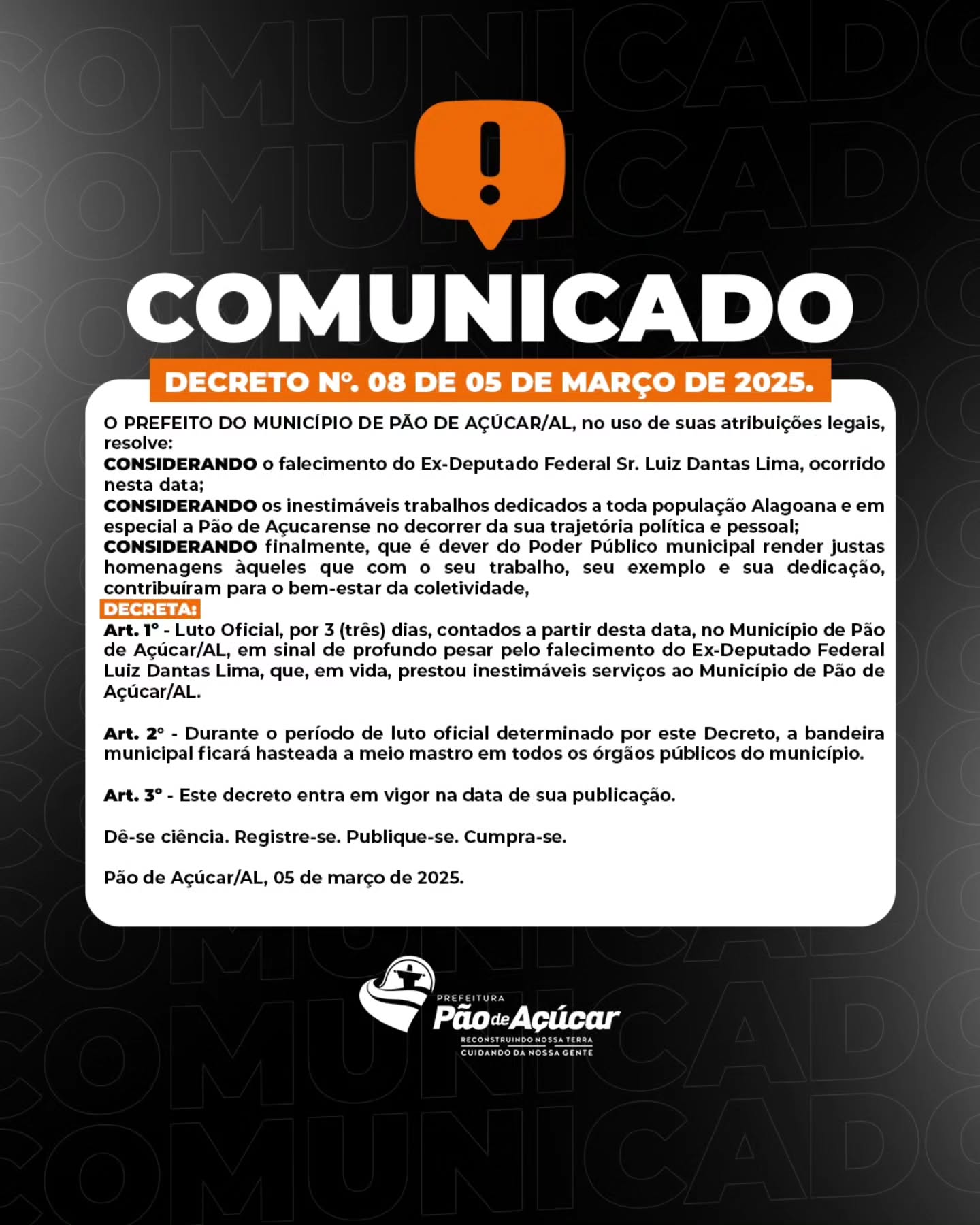 Luto Oficial em Pão de Açúcar