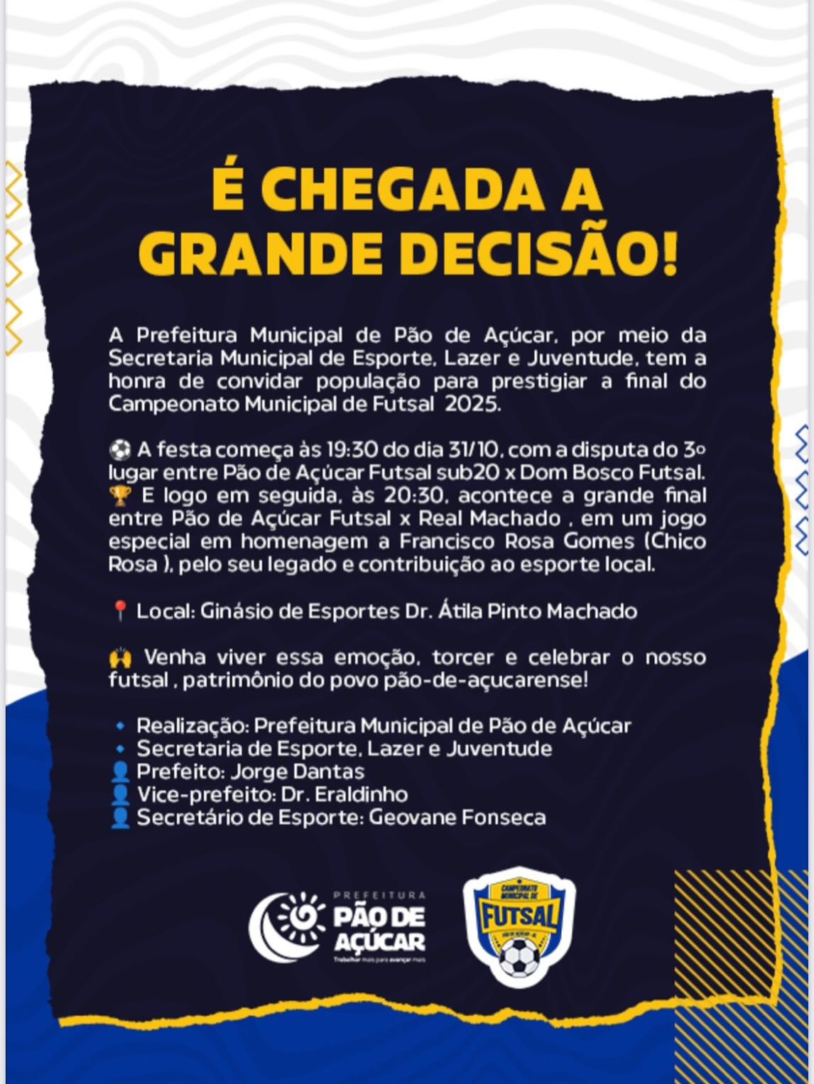 Grande Final do Campeonato Municipal de Futsal 2025 acontece dia 31 de Outubro