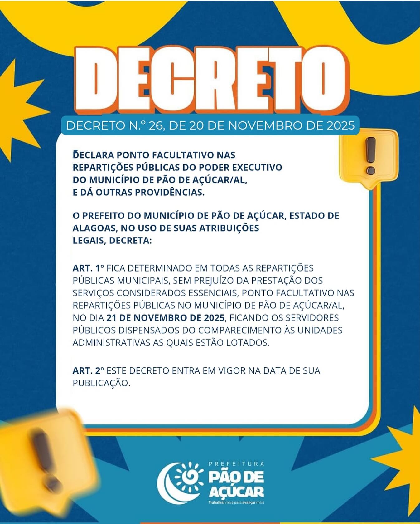 Atenção! 21 de Novembro será Ponto Facultativo nas Repartições Públicas Municipais