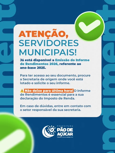 Atenção, servidores municipais, já está disponível a emissão do Informe de Rendimentos 2026, referente ao ano-base 2025.