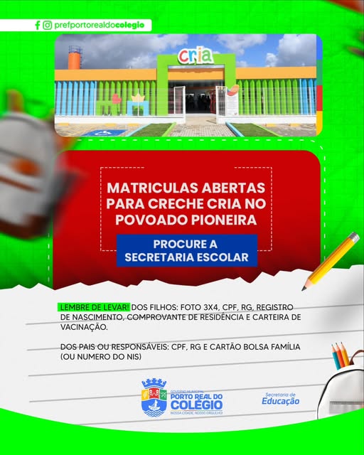 MATRÍCULAS ABERTAS NA NOVA CRECHE CRIA!