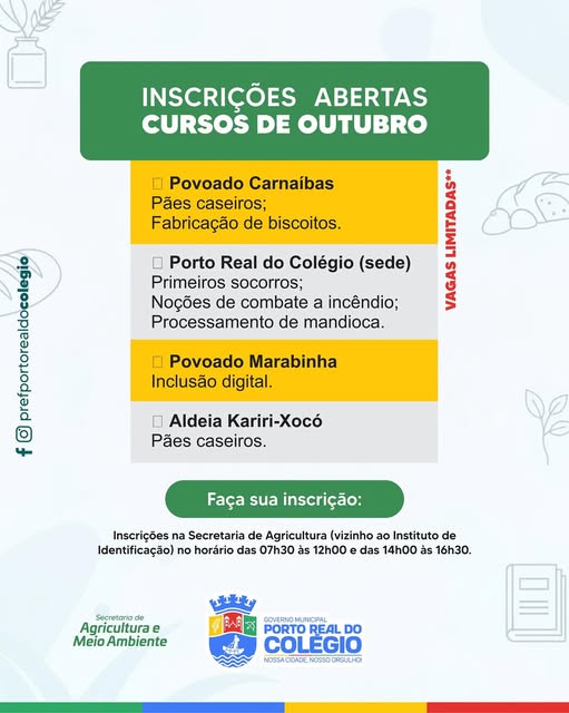 Cursos de Outubro já estão com inscrições abertas em Porto Real do Colégio!