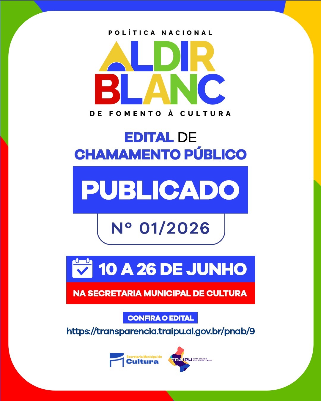 Prefeitura abre inscrições para o Edital nº 001/2026 da Lei Aldir Blanc